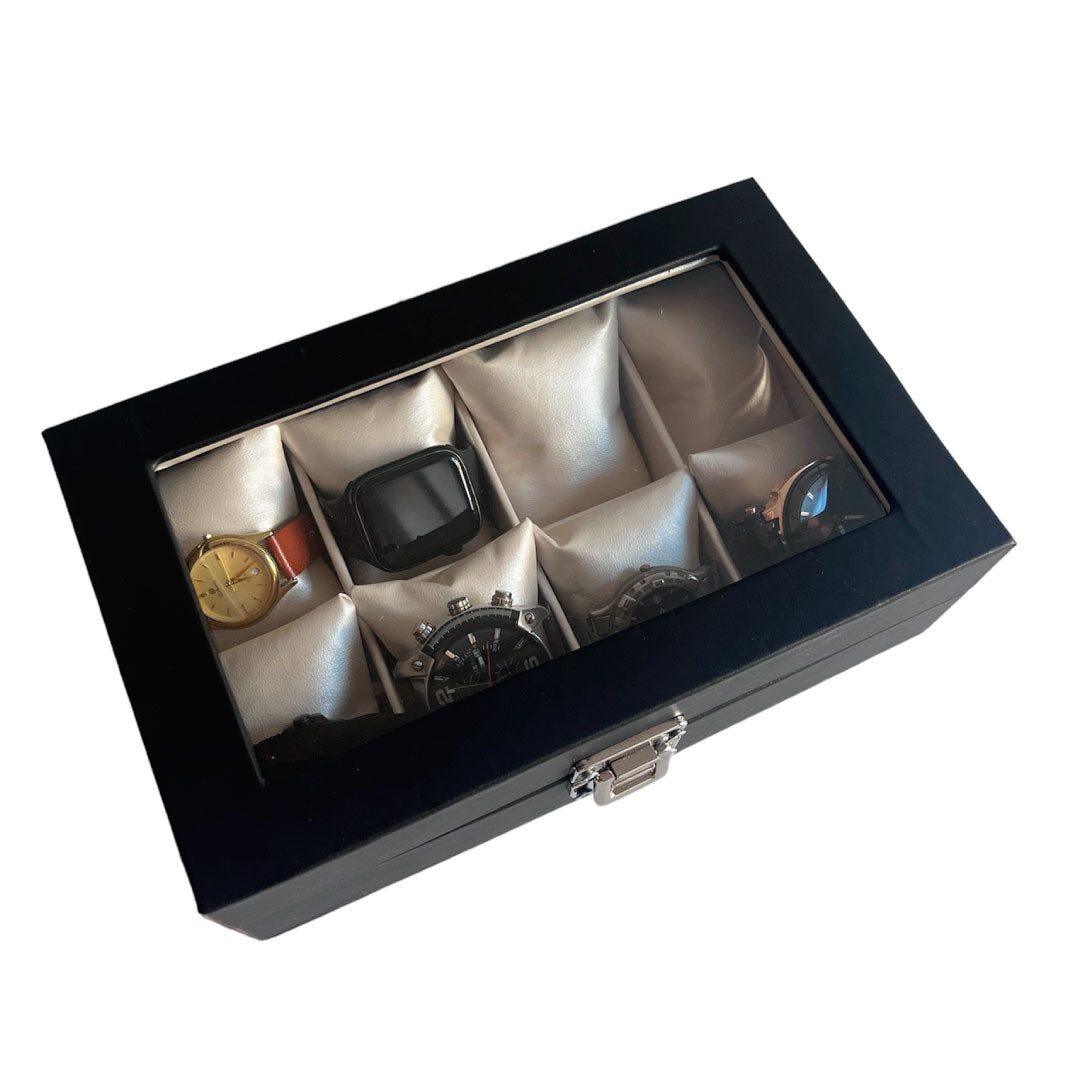 Relojera organizador 8 puestos porta relojes tapa de cristal y cuero
