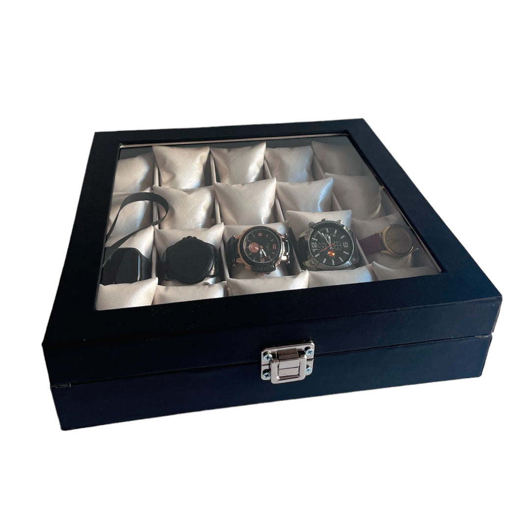 Relojera organizador 20 puestos porta relojes de cuero y tapa de cristal
