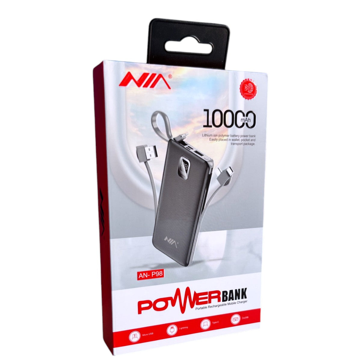 Powerbank batería portátil NIA 10000 mAh con salida múltiple cable y pantalla