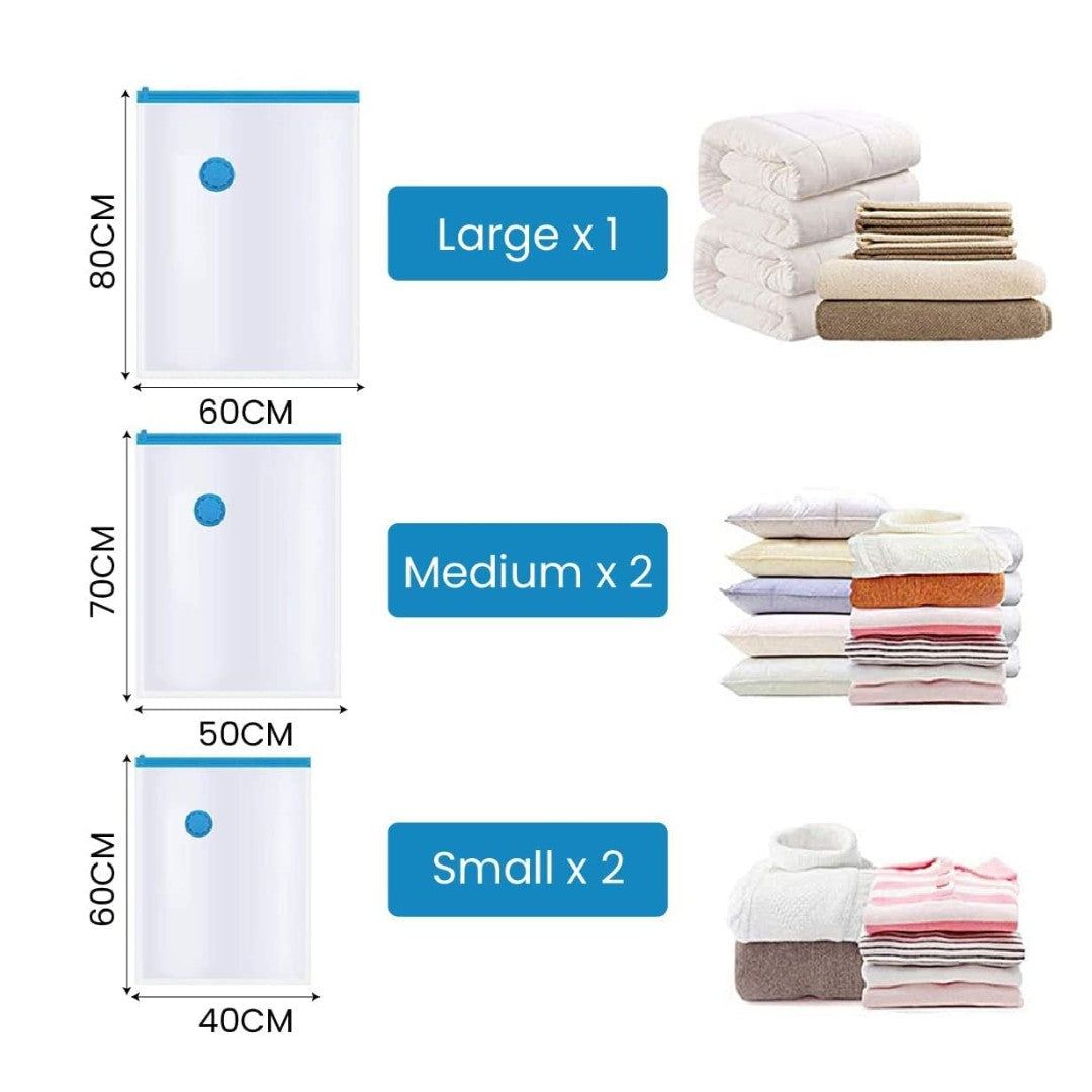 Set x5 Bolsas al Vacío para Ropa con Bomba Manual 80% de volumen