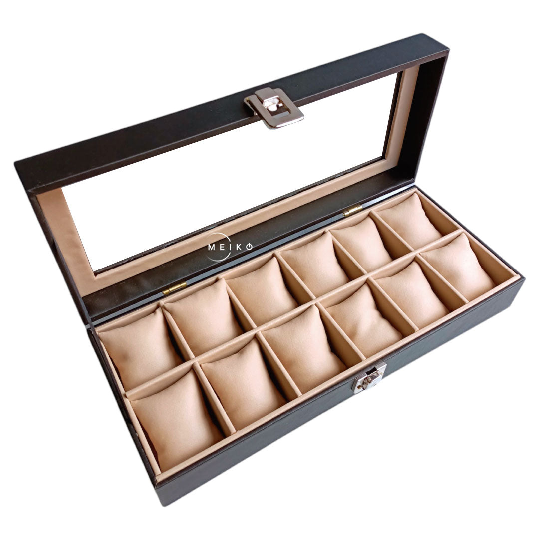 Relojera de lujo organizador de 12 puestos en cuerina y cristal