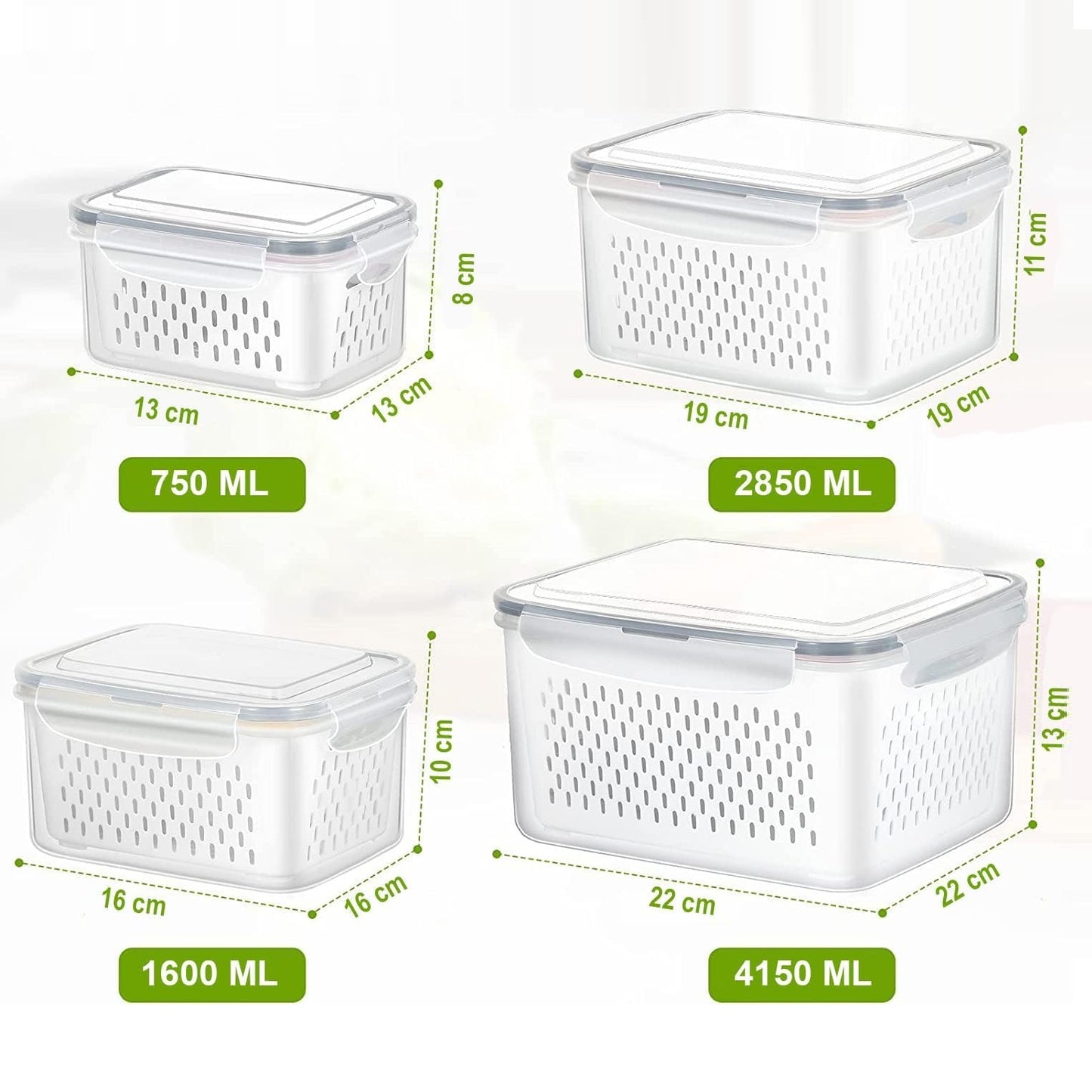 Set 4 contenedores recipientes para alimentos con colador extraíble y tapa hermética