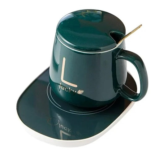 Taza Mug Cerámico con Base eléctrica Calentadora y Cuchara