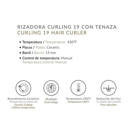 Pinza Alizz Curling 19” Profesional Barril Extra Largo para Ondas Definidas