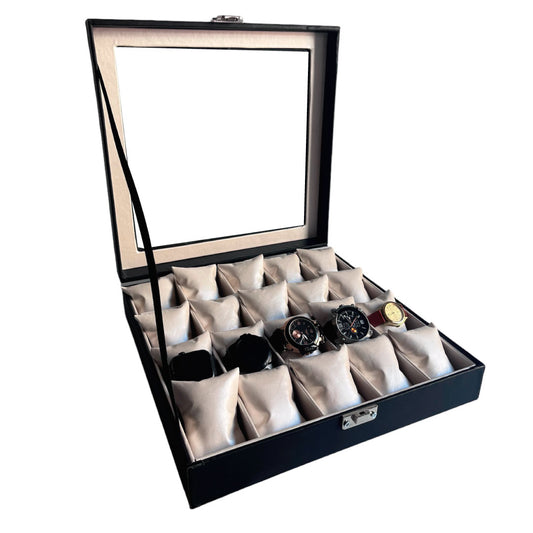 Relojera organizador 20 puestos porta relojes de cuero y tapa de cristal