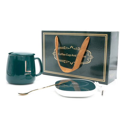 Taza Mug Cerámico con Base eléctrica Calentadora y Cuchara