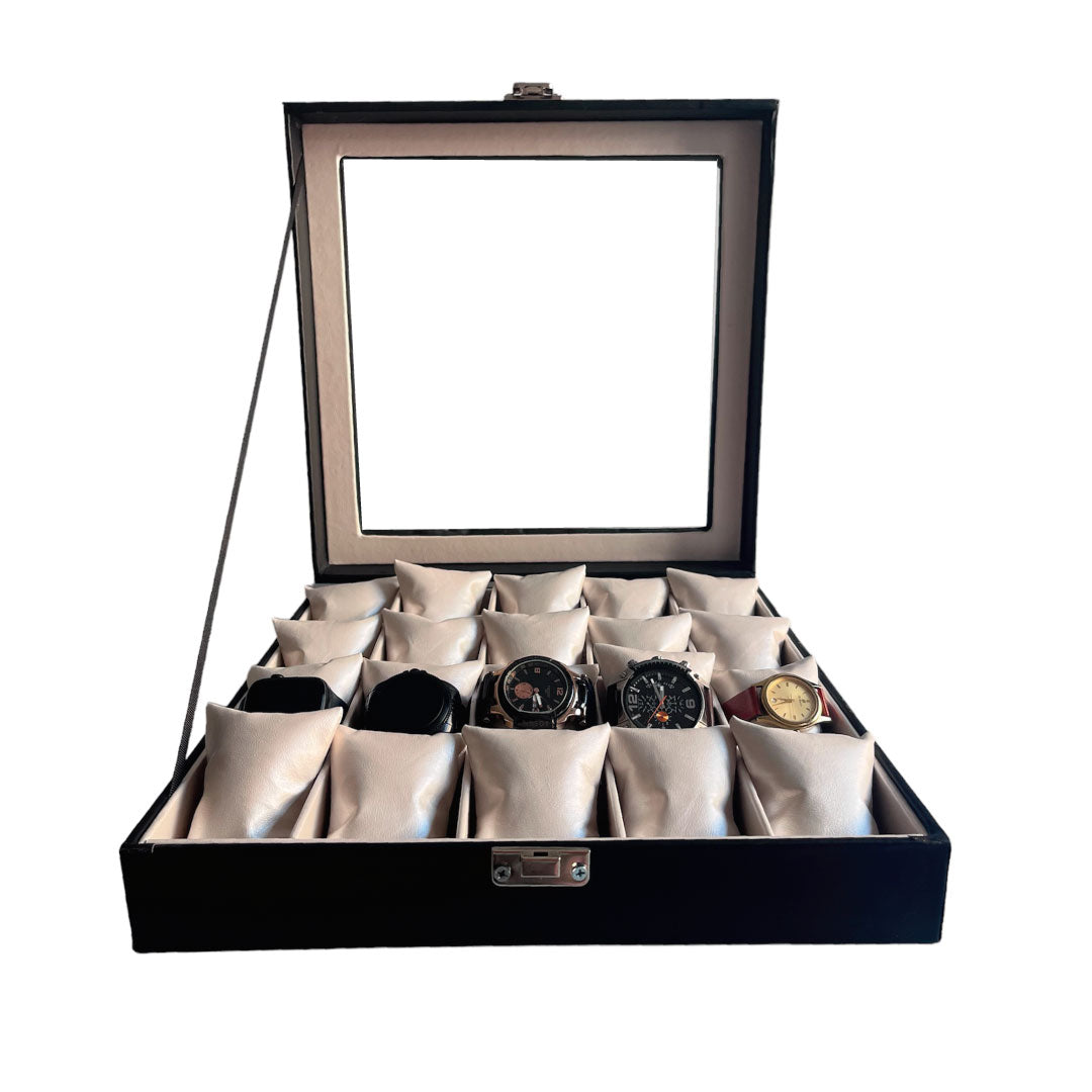 Relojera organizador 20 puestos porta relojes de cuero y tapa de cristal