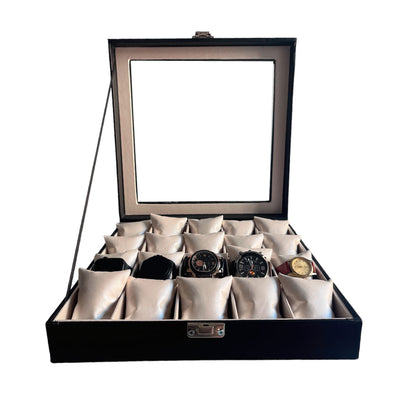Relojera organizador 20 puestos porta relojes de cuero y tapa de cristal