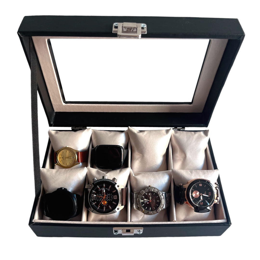Relojera organizador 8 puestos porta relojes tapa de cristal y cuero