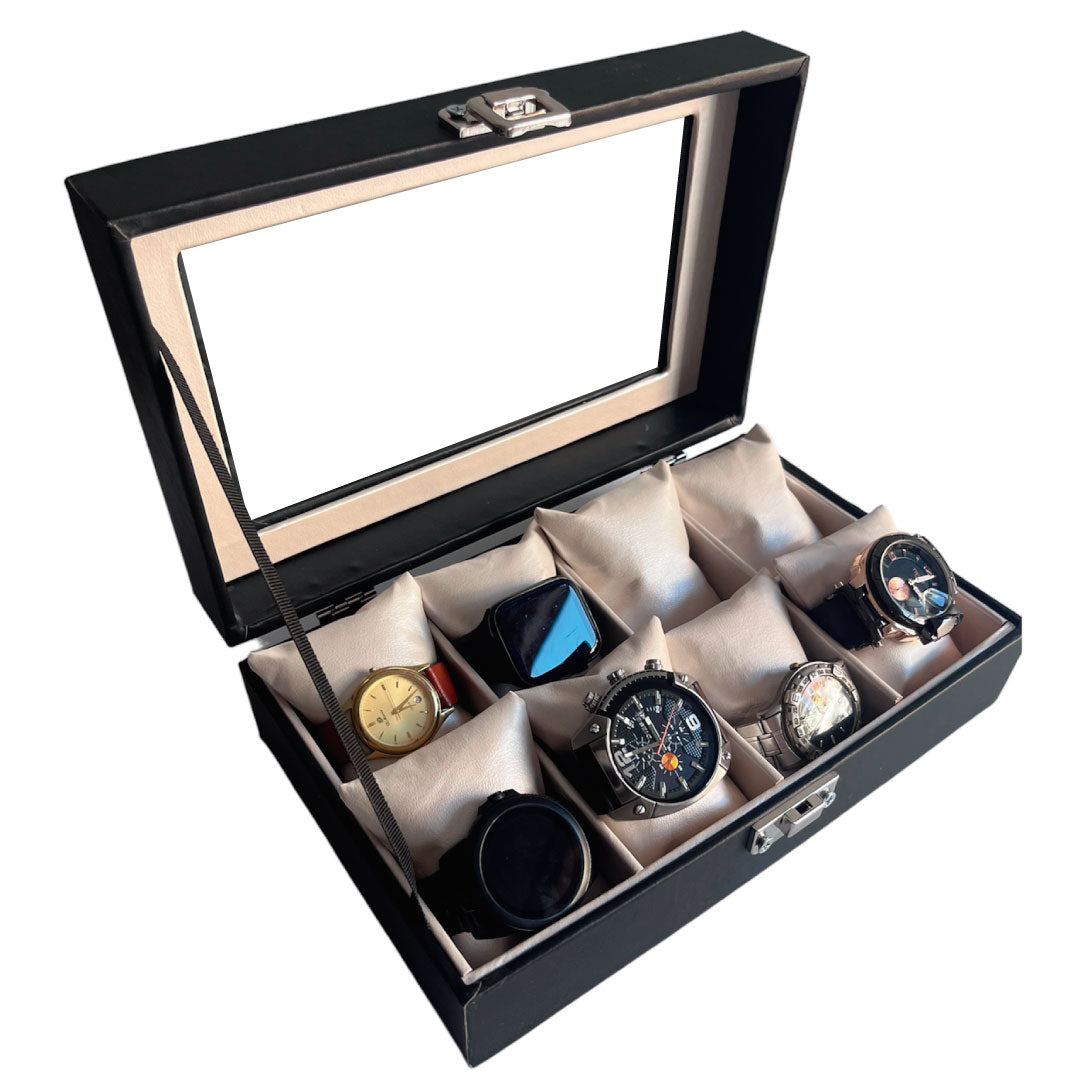 Relojera organizador 8 puestos porta relojes tapa de cristal y cuero