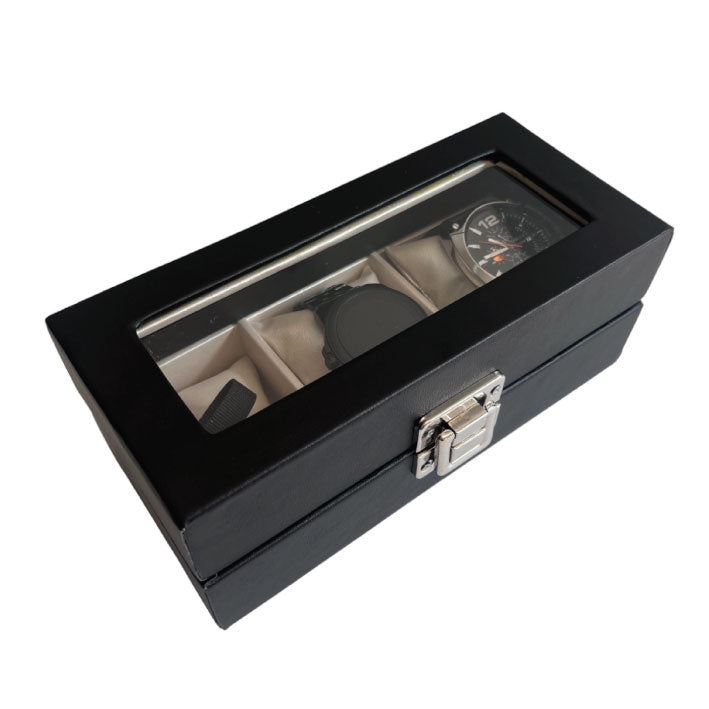 Relojera organizador 3 puestos porta relojes en cuero y tapa de cristal