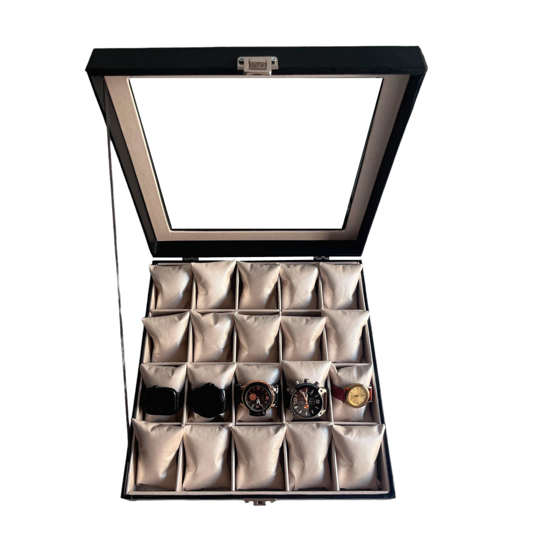 Relojera organizador 20 puestos porta relojes de cuero y tapa de cristal