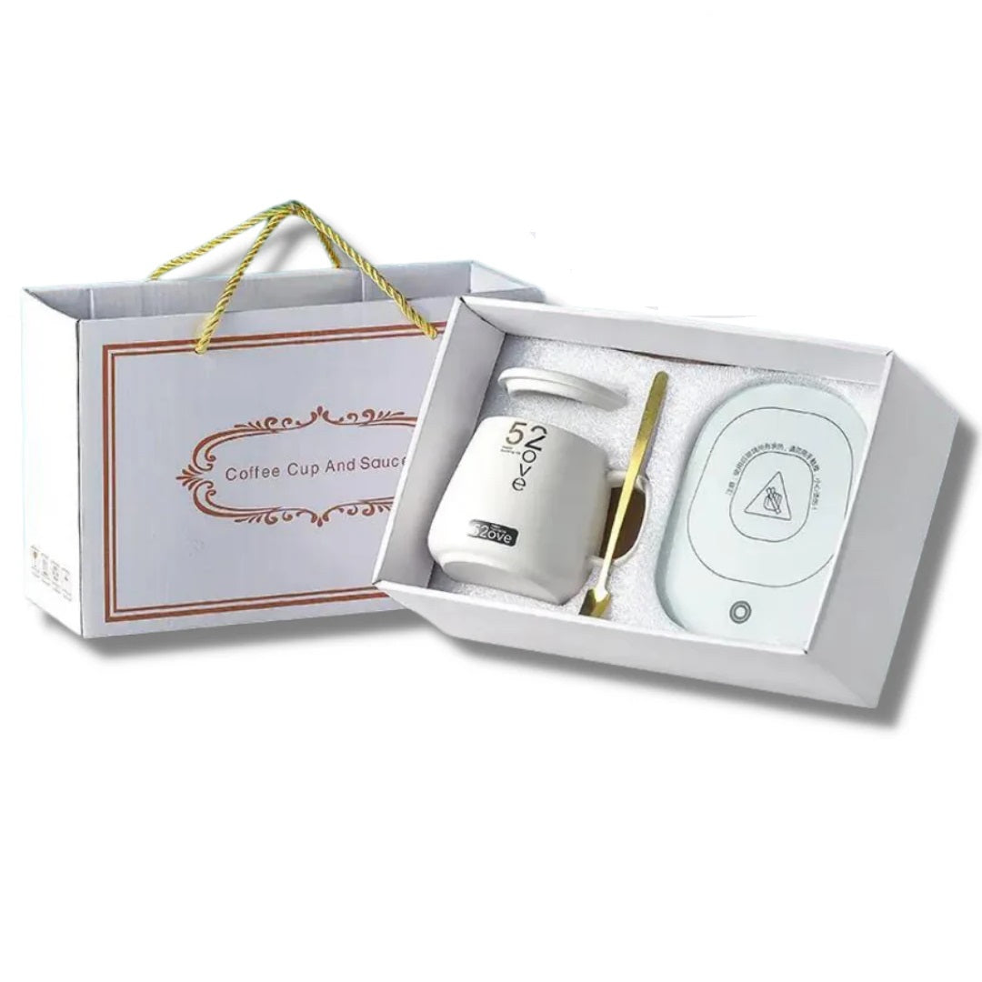 Taza Mug Cerámico con Base eléctrica Calentadora y Cuchara