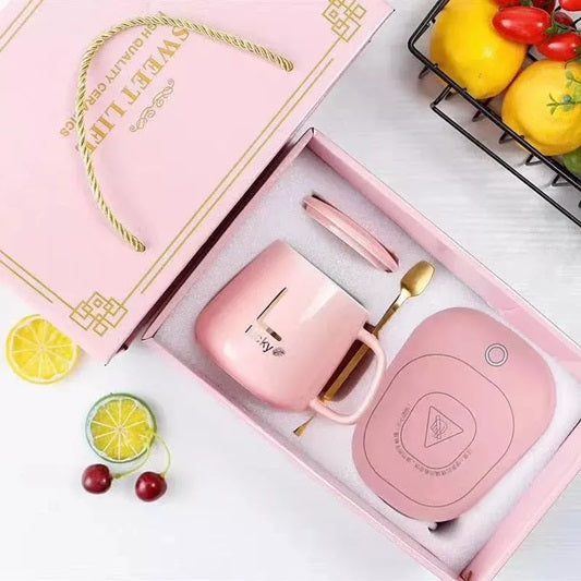 Taza Mug Cerámico con Base eléctrica Calentadora y Cuchara