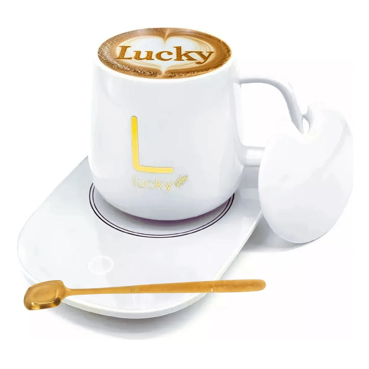 Taza Mug Cerámico con Base eléctrica Calentadora y Cuchara