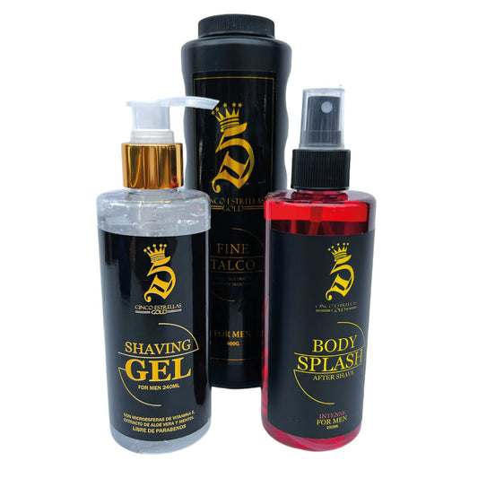 Combo barbería talco siliconado gel para afeitado y splash refrescante 5 estrellas
