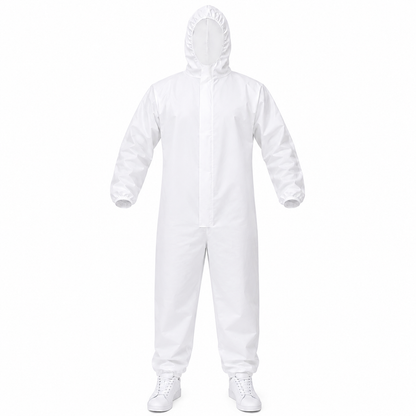 Traje Overol Antifluido Blanco con Gorro y Cierre Adhesivo