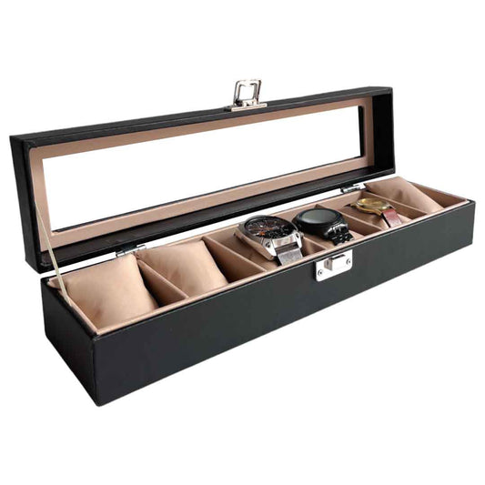 Relojera organizador  6 puestos porta relojes de cuero y tapa de cristal
