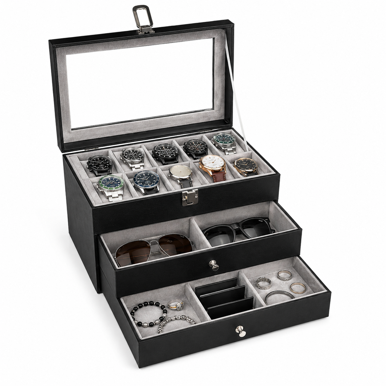 Estuche Caja Organizador Mixto 3 Niveles 12 Relojes Joyas y Gafas