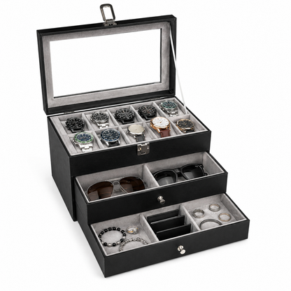 Estuche Caja Organizador Mixto 3 Niveles 12 Relojes Joyas y Gafas