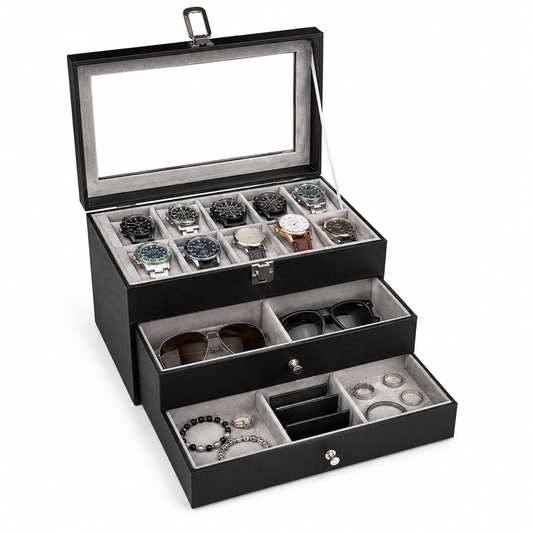 Estuche Caja Organizador Mixto 3 Niveles 12 Relojes Joyas y Gafas