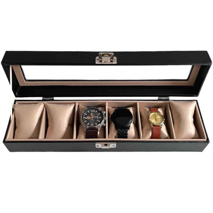 Relojera organizador  6 puestos porta relojes de cuero y tapa de cristal