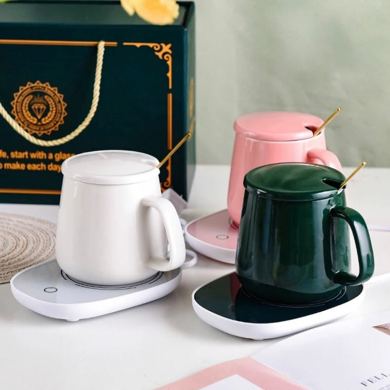 Taza Mug Cerámico con Base eléctrica Calentadora y Cuchara
