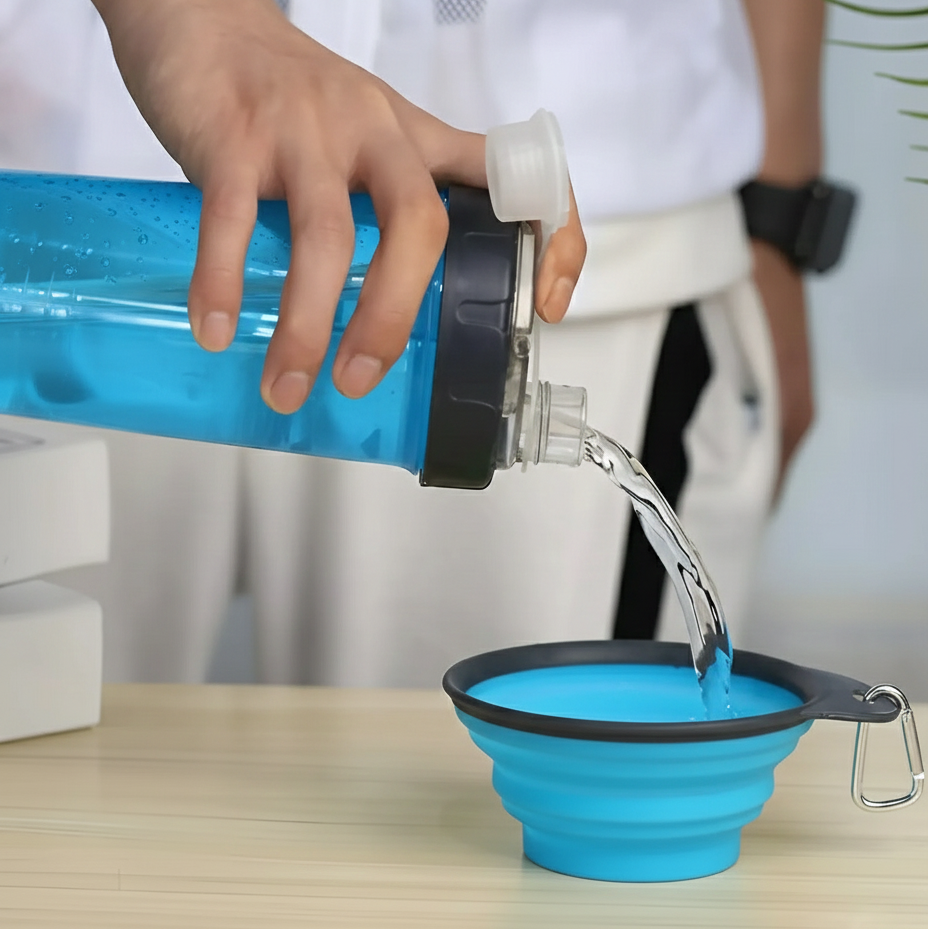 Termo para mascotas doble compartimento agua y cuido + plato plegable