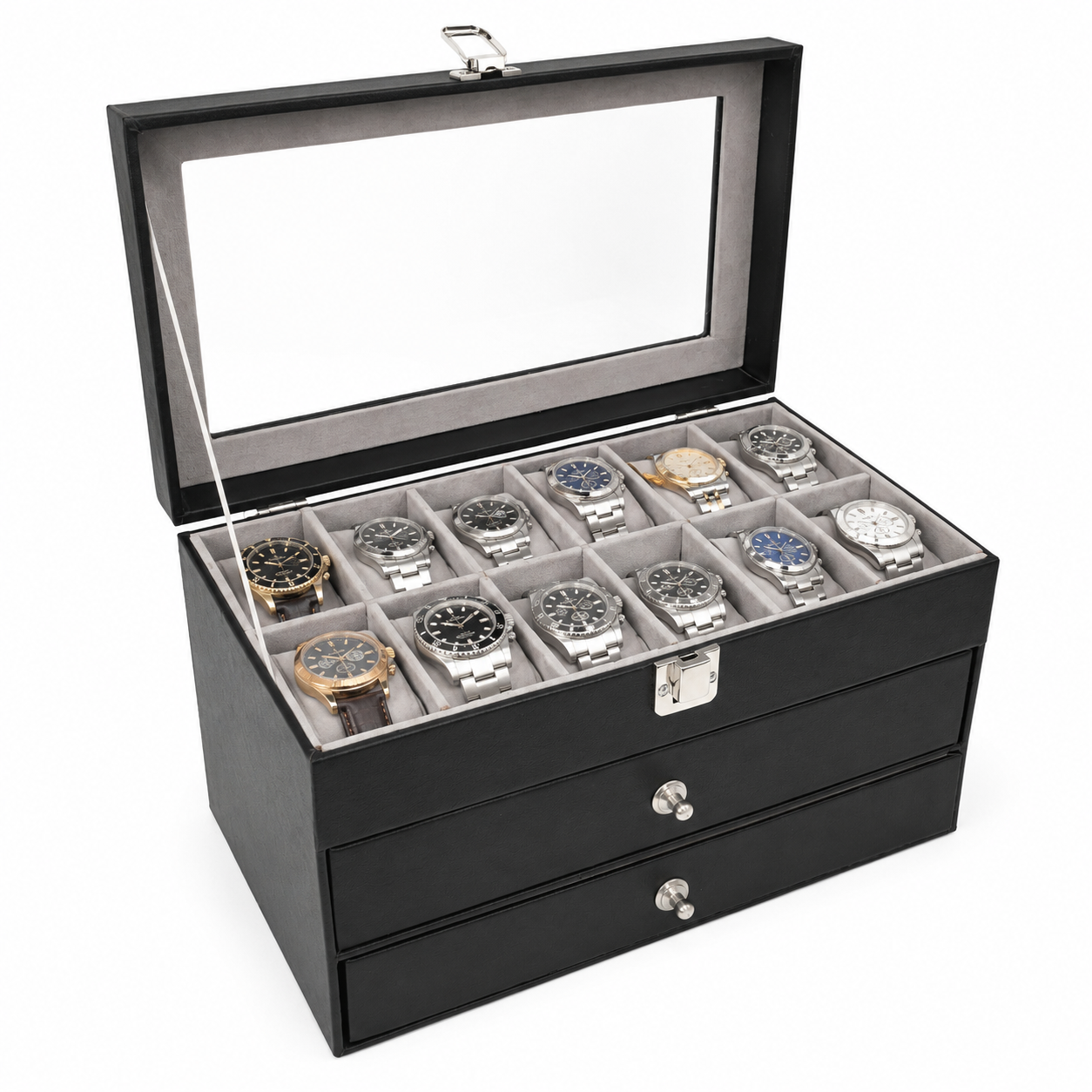 Estuche Caja Organizador Mixto 3 Niveles 12 Relojes Joyas y Gafas
