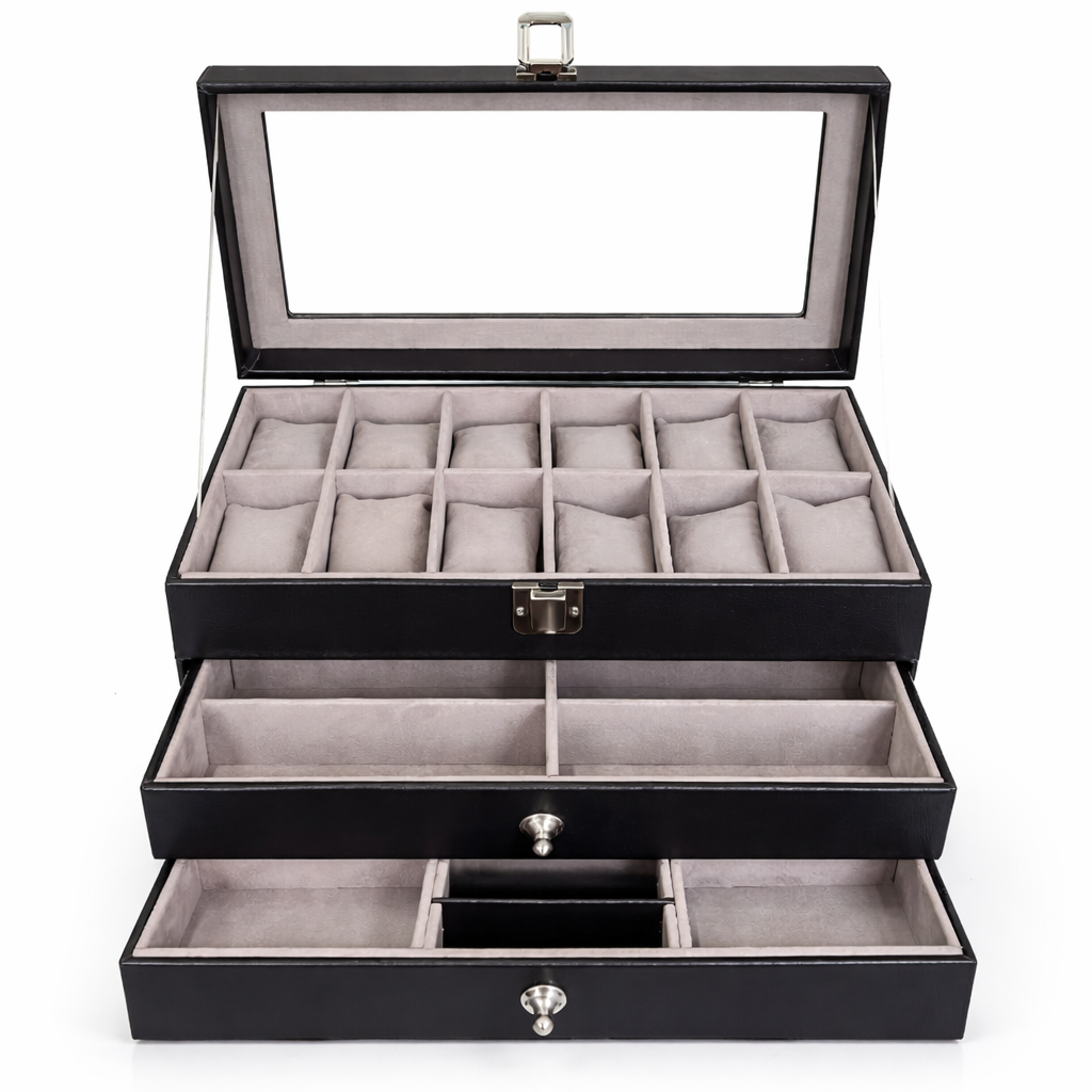 Estuche Caja Organizador Mixto 3 Niveles 12 Relojes Joyas y Gafas