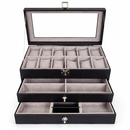 Estuche Caja Organizador Mixto 3 Niveles 12 Relojes Joyas y Gafas