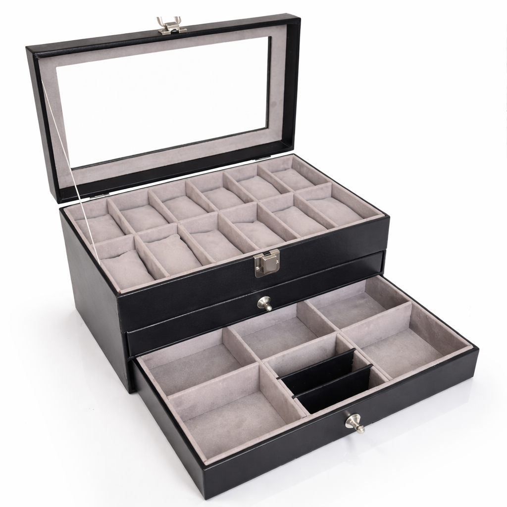 Estuche Caja Organizador Mixto 3 Niveles 12 Relojes Joyas y Gafas