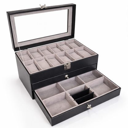 Estuche Caja Organizador Mixto 3 Niveles 12 Relojes Joyas y Gafas