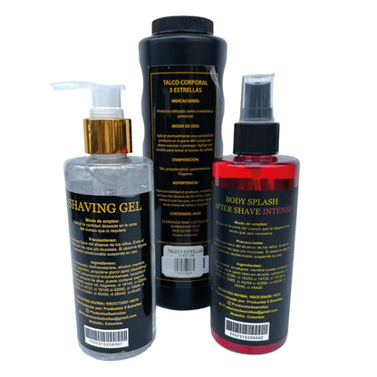 Combo barbería talco siliconado gel para afeitado y splash refrescante 5 estrellas