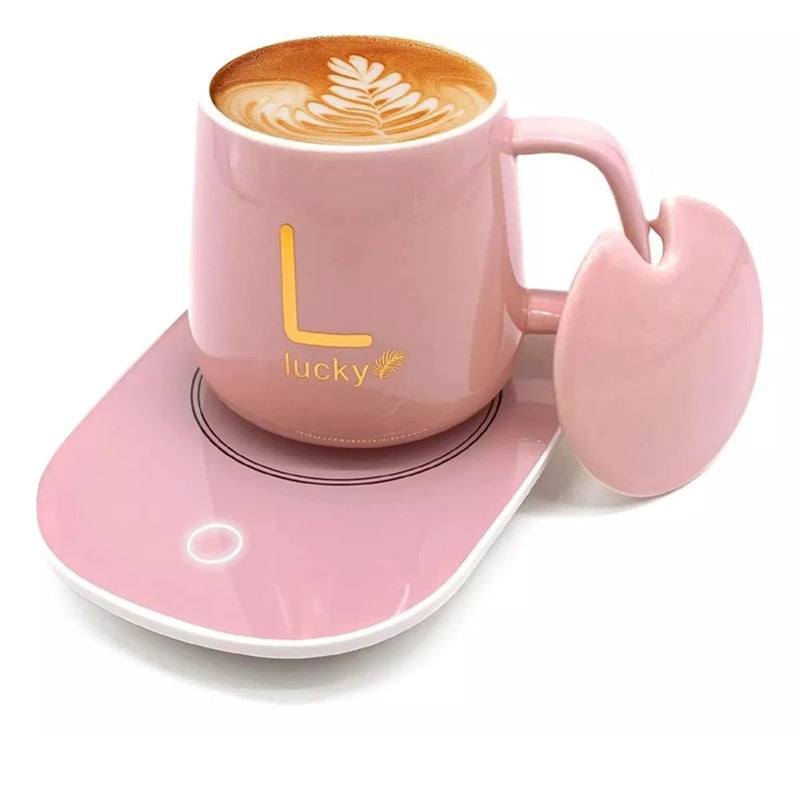 Taza Mug Cerámico con Base eléctrica Calentadora y Cuchara