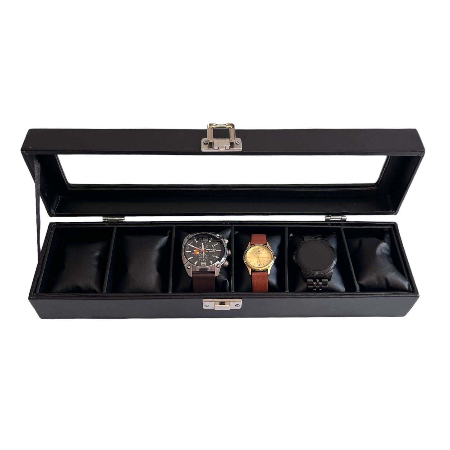Relojera organizador  6 puestos porta relojes de cuero y tapa de cristal