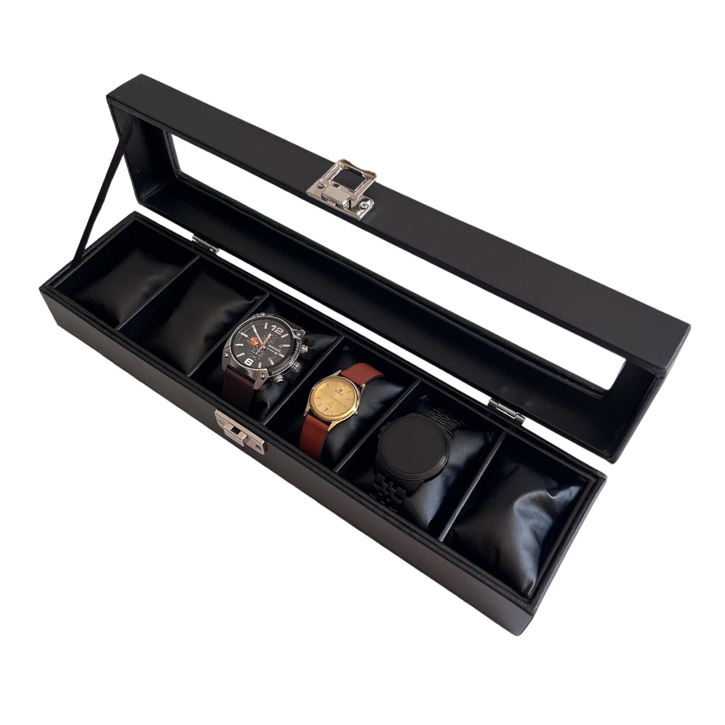 Relojera organizador  6 puestos porta relojes de cuero y tapa de cristal