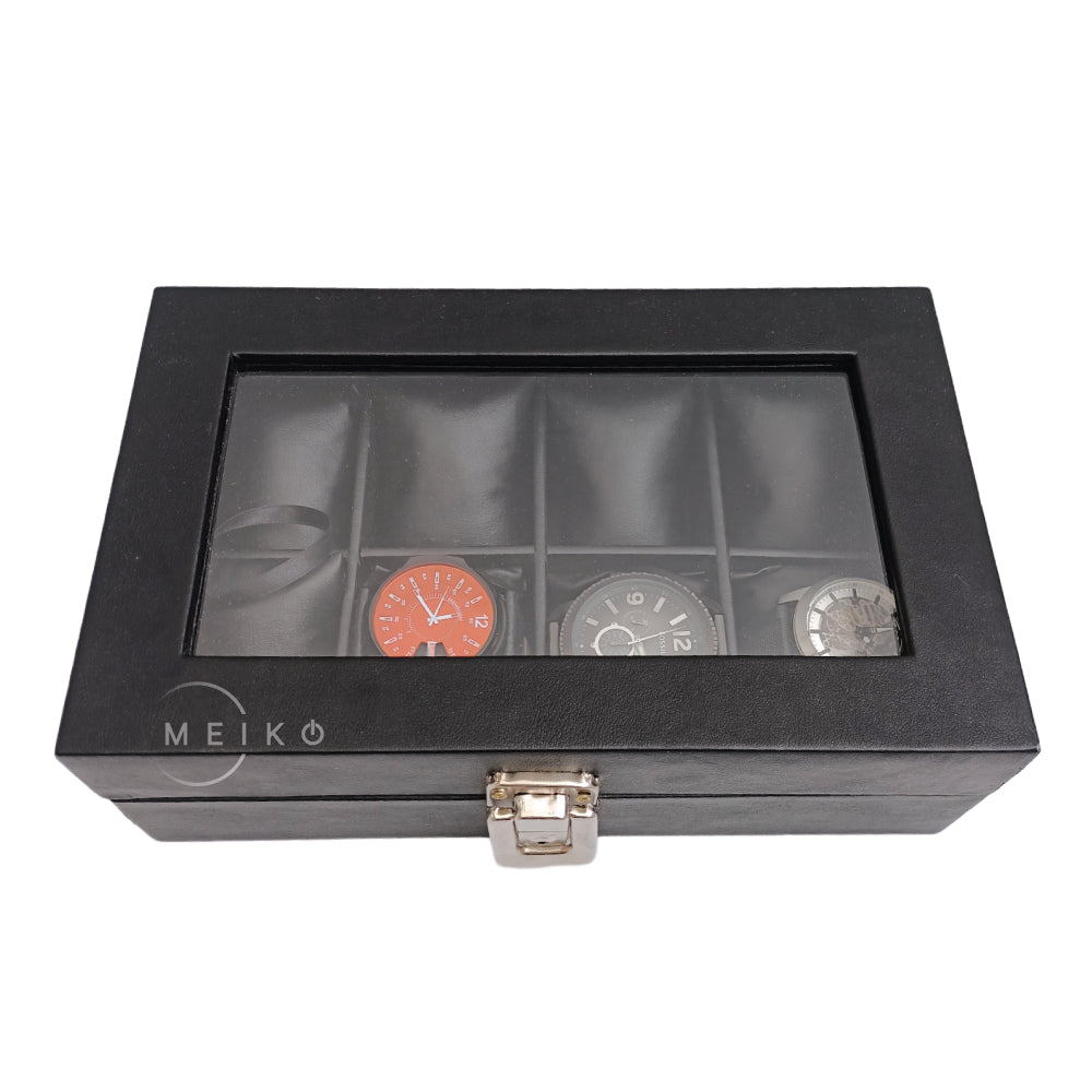 Relojera organizador 8 puestos porta relojes tapa de cristal y cuero