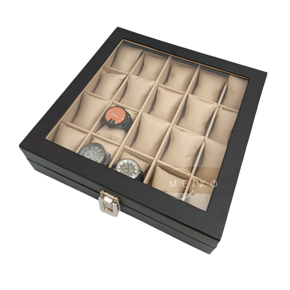 Relojera organizador 20 puestos porta relojes de cuero y tapa de cristal