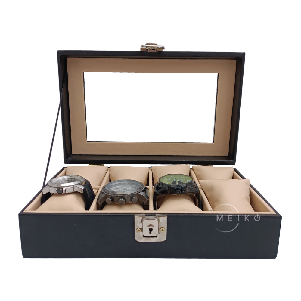 Relojera organizador 8 puestos porta relojes tapa de cristal y cuero