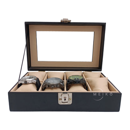 Relojera organizador 8 puestos porta relojes tapa de cristal y cuero