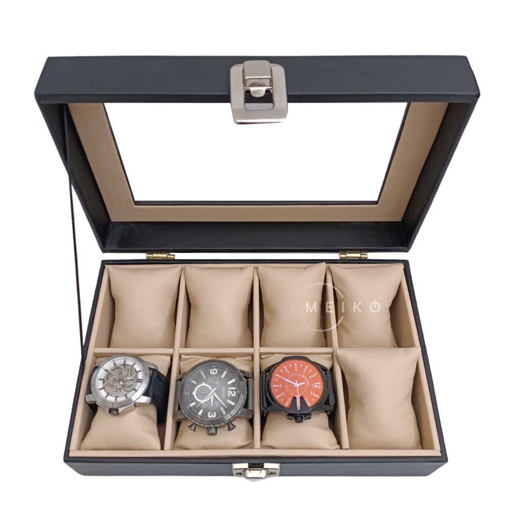 Relojera organizador 8 puestos porta relojes tapa de cristal y cuero