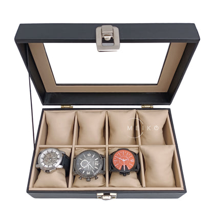 Relojera organizador 8 puestos porta relojes tapa de cristal y cuero