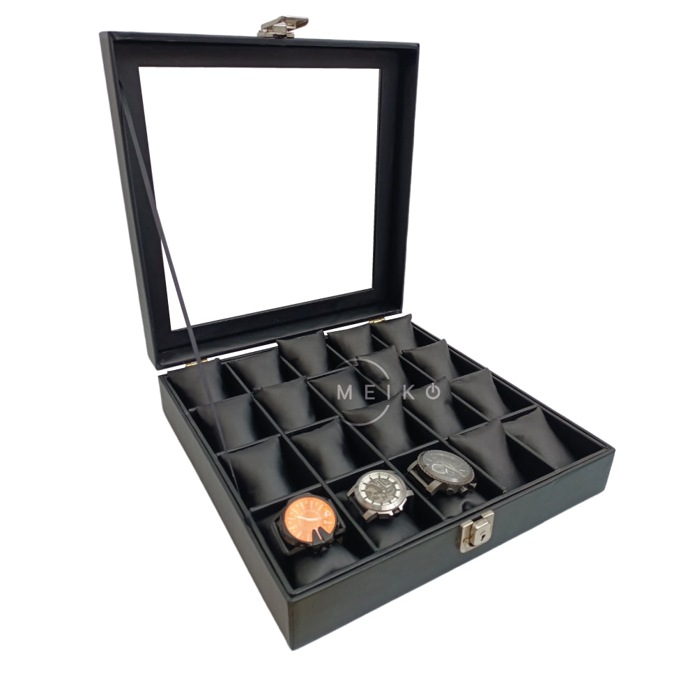 Relojera organizador 20 puestos porta relojes de cuero y tapa de cristal