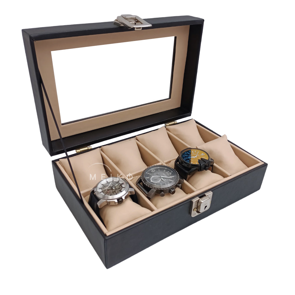 Relojera organizador 8 puestos porta relojes tapa de cristal y cuero