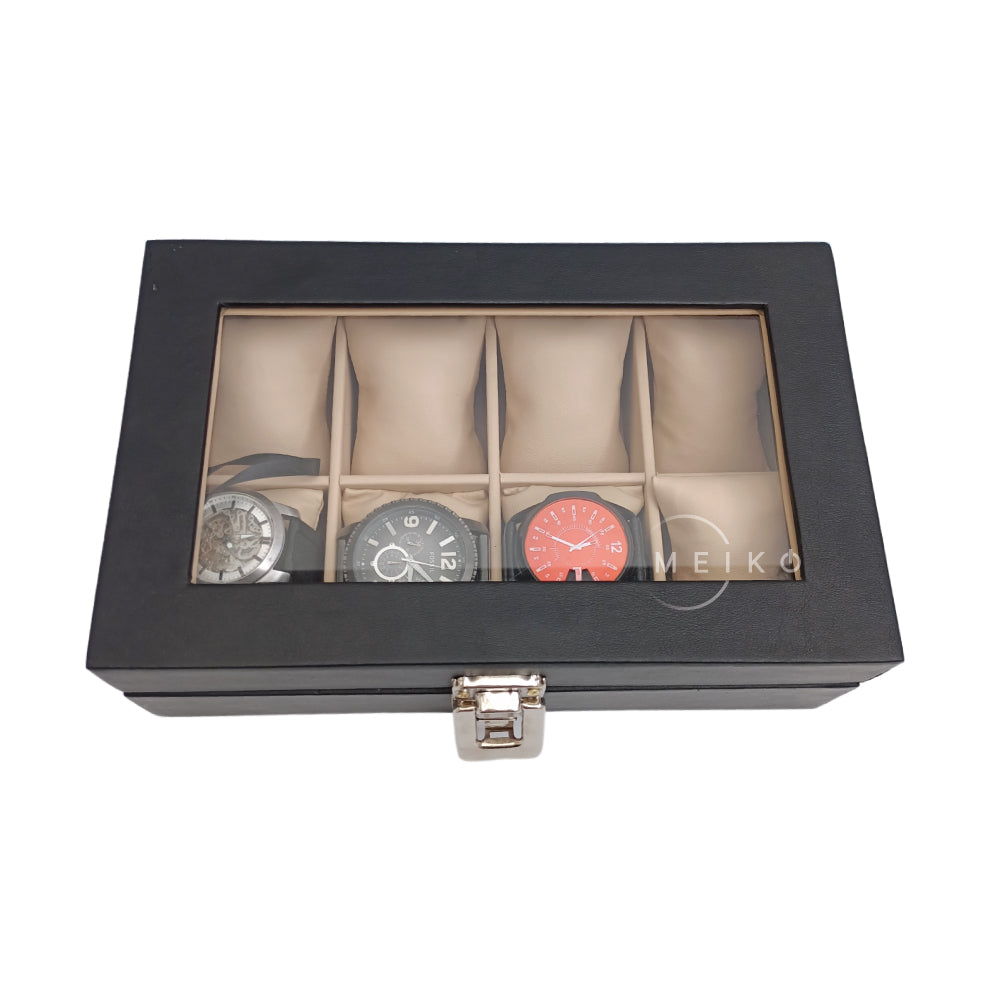 Relojera organizador 8 puestos porta relojes tapa de cristal y cuero