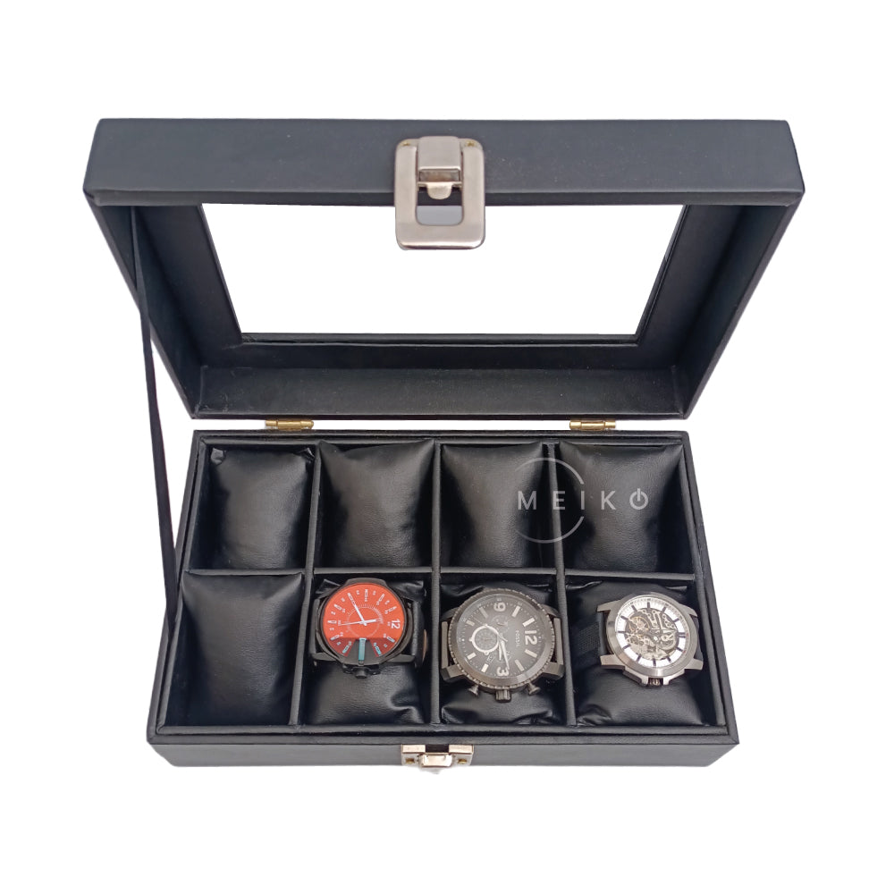 Relojera organizador 8 puestos porta relojes tapa de cristal y cuero