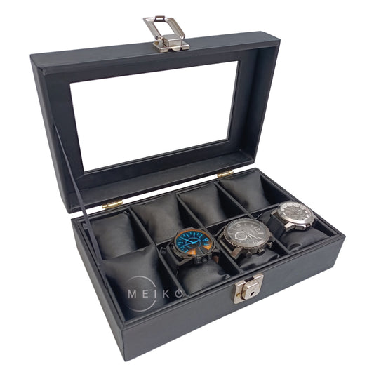 Relojera organizador 8 puestos porta relojes tapa de cristal y cuero
