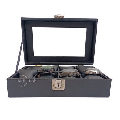 Relojera organizador 8 puestos porta relojes tapa de cristal y cuero